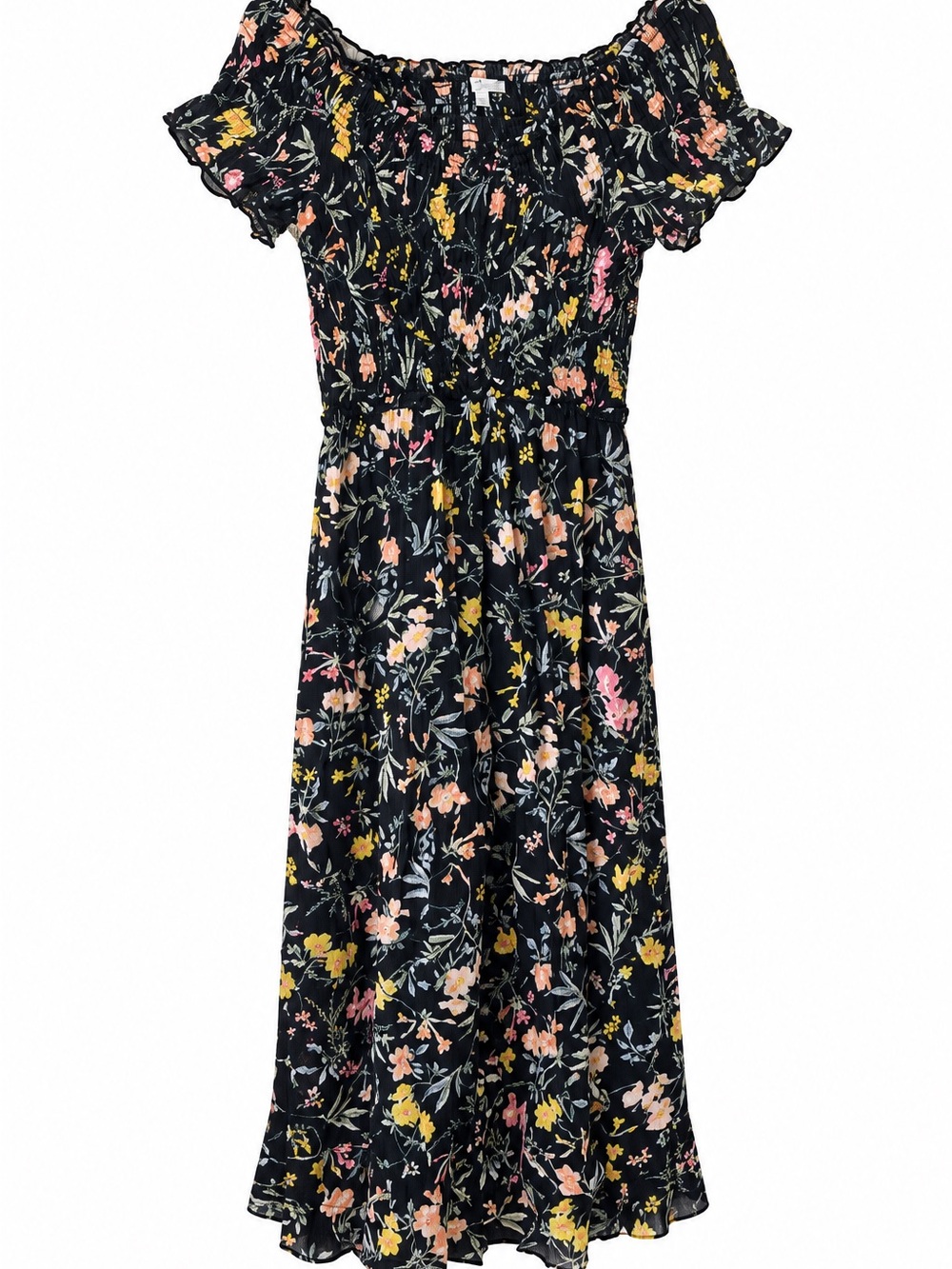 Patrons of Peace Black Floral Off-Shoulder Maxi with Pink & Yellow Blooms